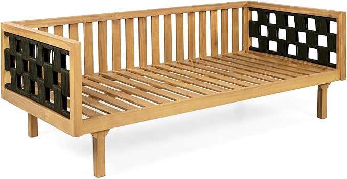 Christopher Knight Home Rosie Acacia Wood Outdoor Daybed Sofa with Water-Resistant Cushion, Solid Wood Patio 3 Seater Sofa Couch, Patio Garden Lounge Sofa with Woven Rope Accent, Black+Teak+Light Gray