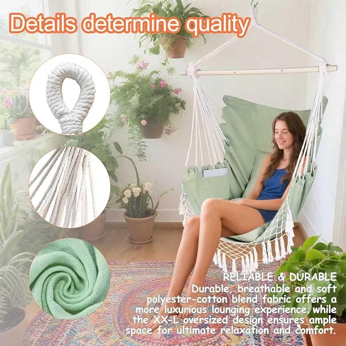 Hammock Chair Hanging Rope Swing Chair,Max 450 Lbs, Large Hanging Chair with Pocket, 2 Cushions, Steel Bar with Anti-Slip Rings, Hardware Kit Included, Comfortable for Indoor Outdoor (Green)
