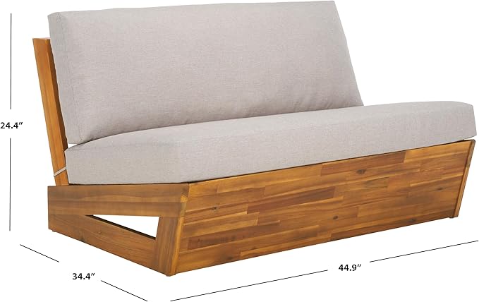 SAFAVIEH Outdoor Patio Furniture Collection Lynn Natural & Light Grey Solid Wood Sofa (PAT7329B)