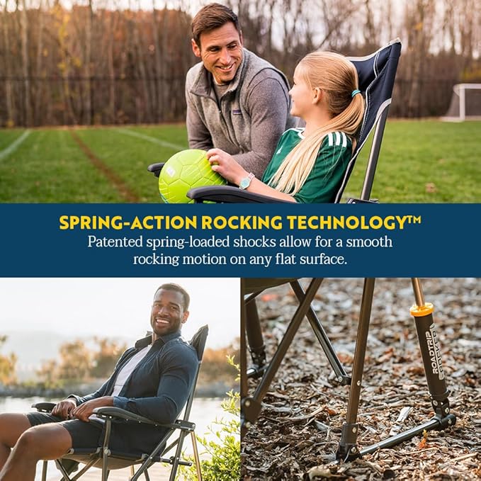 GCI OUTDOOR RoadTrip Rocker Camping Chair | Portable, Folding Rocking Chair with Solid, Durable Armrests, Drink Holder & Comfortable Extended Backrest — Indigo Blue