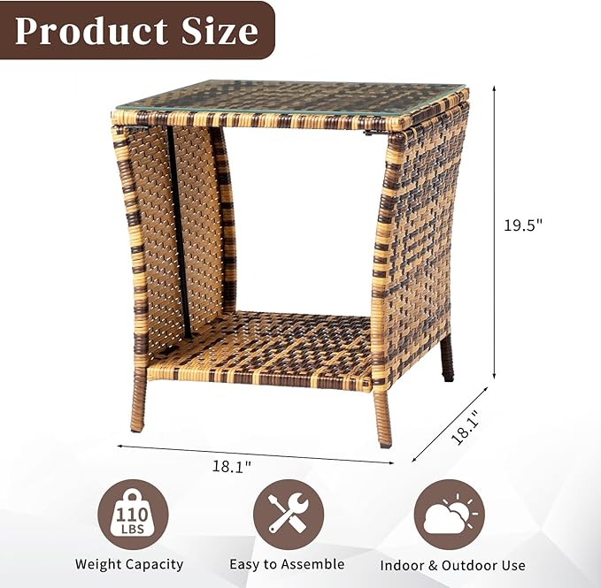 Wicker Rattan Side Table, Outdoor Square Rattan Coffee End Table with Tempered Glass Top and Storage for Patio Porch Lawn (Yellow Gradient)