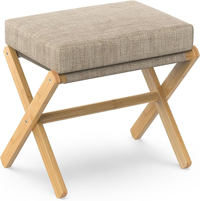 Foldable Foot Stool Ottoman, Modern Foot Rest with Bamboo X Legs & Thick Foam Cushion, Folding Foot Stools Small Padded for Bedroom Living Room, Footstool for Chair Couch (Natural - Brown)