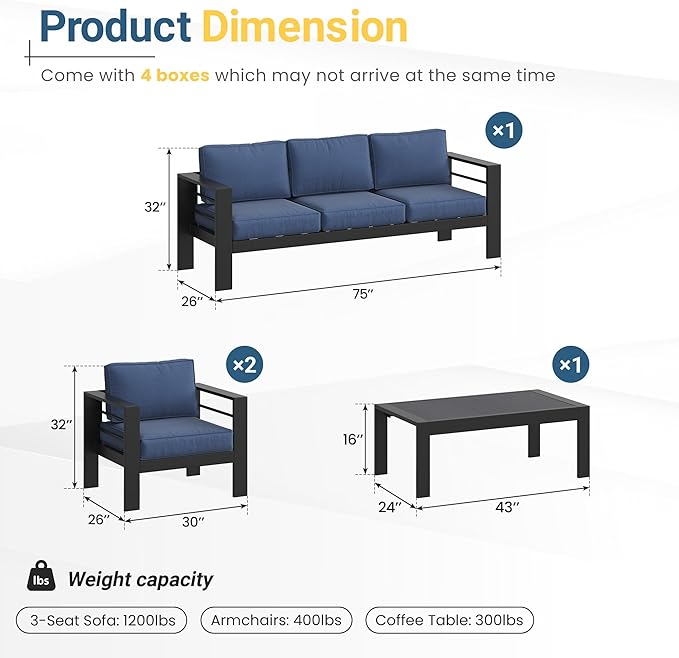 Wisteria Lane Aluminum Patio Furniture Set for All Weather, Oversized Metal Outdoor Furniture Set with 27.5" Deep Seat and 10" Back Cushion, Patio Conversation Sets with Wide armrest, Blue