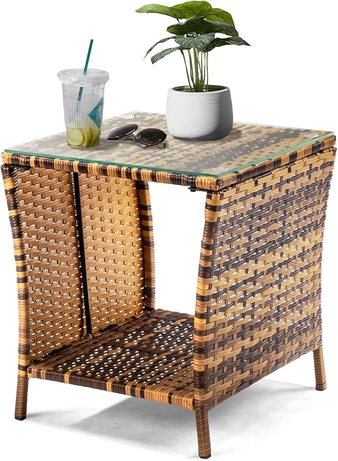 Wicker Rattan Side Table, Outdoor Square Rattan Coffee End Table with Tempered Glass Top and Storage for Patio Porch Lawn (Yellow Gradient)