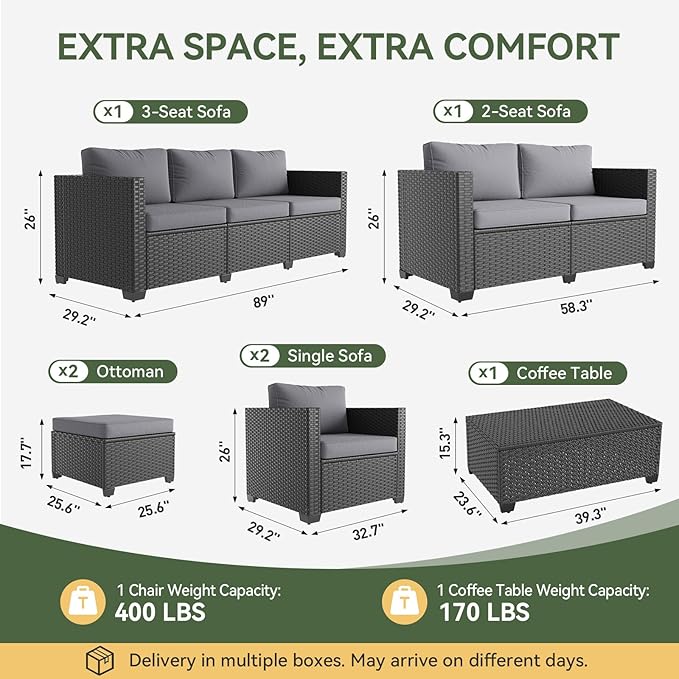 Aoxun 9 Piece Outdoor Patio Furniture Set 8 Seats, Outdoor Sectional with Thick Waterproof Cushions & Storage Coffee Table, Patio Conversation Sets for Garden,Backyard, Porch, Balcony, Deck, Gray