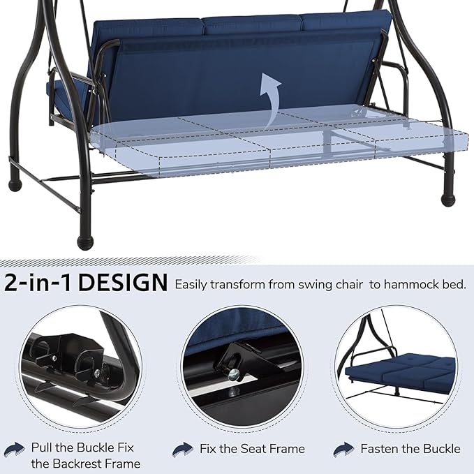 U-MAX Porch Swing with Cover, Patio Swing with Adjustable Backrest&Canopy 3 Seat Outdoor Swing with Canopy 2-in-1 Convertible Patio Daybed with Removable Blue Cushions