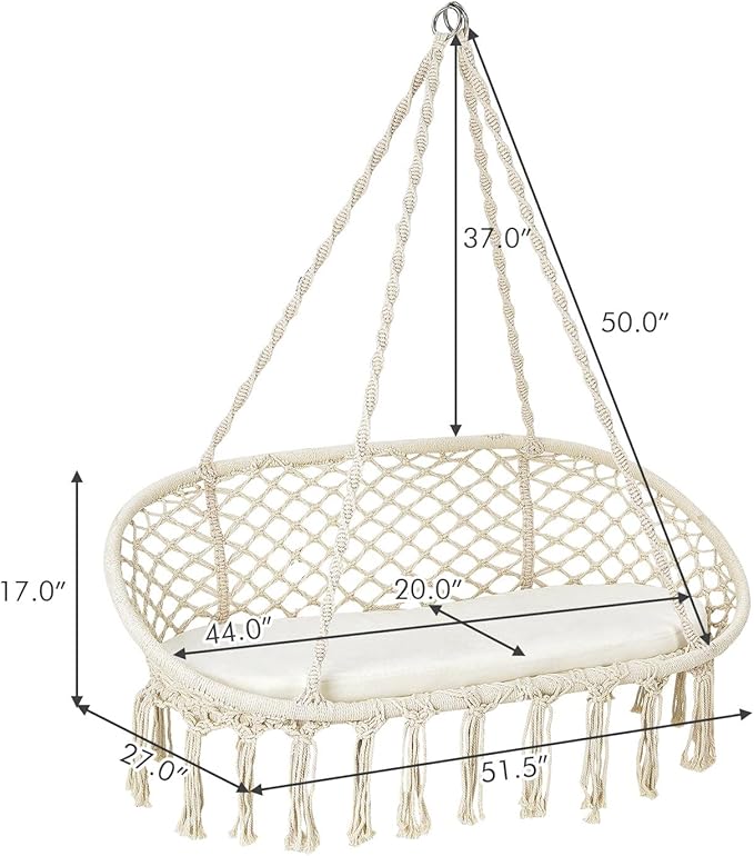 Giantex Hammock Chair 2 Seat, Macrame Hanging Chair with Cushion, Hanging Cotton Ropes, Metal Frame, 440 lbs Capacity Indoor Swing for Hammock Stand, Patio, Balcony, Living Room Hammock Swing