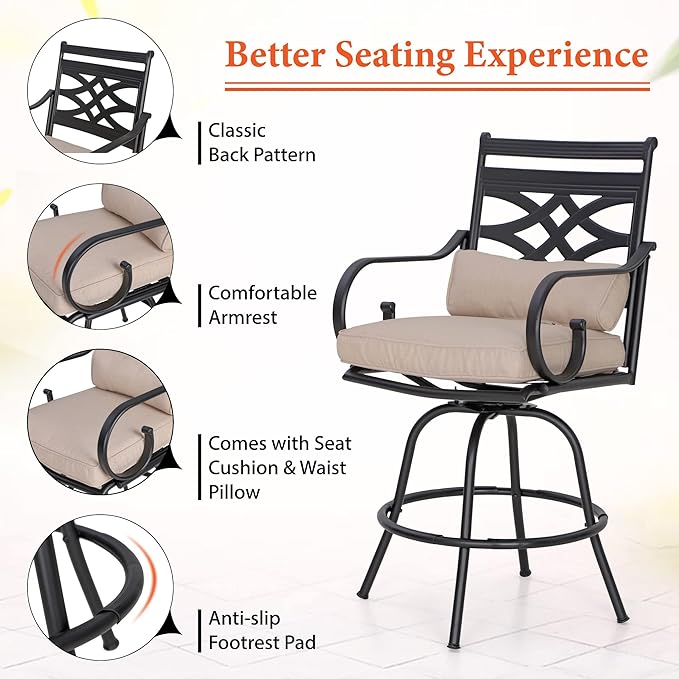 Sophia & William Patio Bar Set 3 Pieces Outdoor Bistro Bar Set with 2 Swivel Bar Stools and 1 Square Bar Height Table, All-Weather Metal Furniture with 1.57" Umbrella Hole and Beige Cushion
