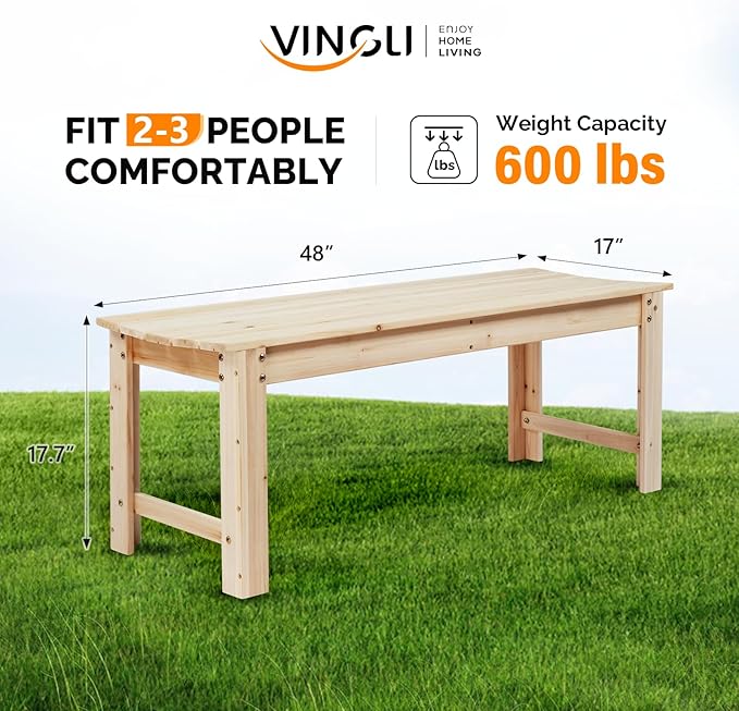 VINGLI Outdoor Wood Bench, 48" Outdoor Bench Patio Wooden Bench Garden Bench Outdoor Backless Bench for Deck Patio (Natural)