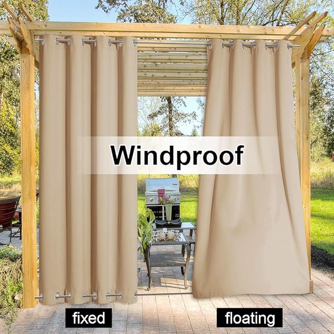 NICETOWN Waterproof Patio Outdoor Curtain and Drape, Extra Wide and Long W100 x L95, Thermal Insulated Top and Bottom Grommet Keep Sun & Rain Out Public Divider for Porch, Biscotti Beige, 1 Panel