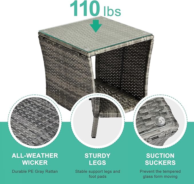 Wicker Rattan Side Table, Outdoor Square Rattan Coffee End Table with Tempered Glass Top and Storage for Patio Porch Lawn (Gray)