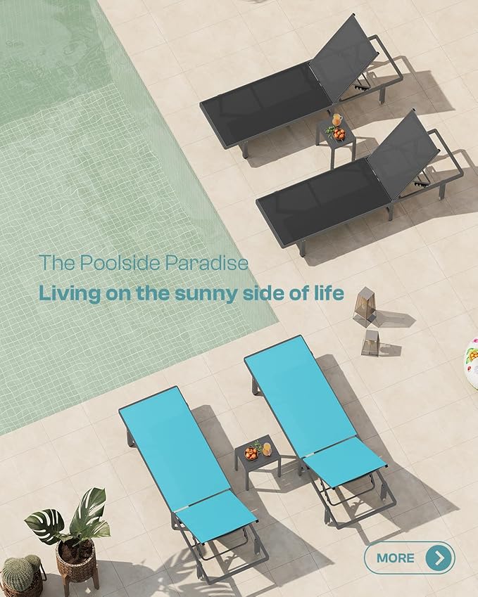Aluminum Outdoor Lounge Chairs Set of 2, Pool Lounge Chairs with Wheels and 5-Position Recliner -Easy to Move- Patio Chaise Lounge Outdoor for Poolside, Deck, Beach (Black)