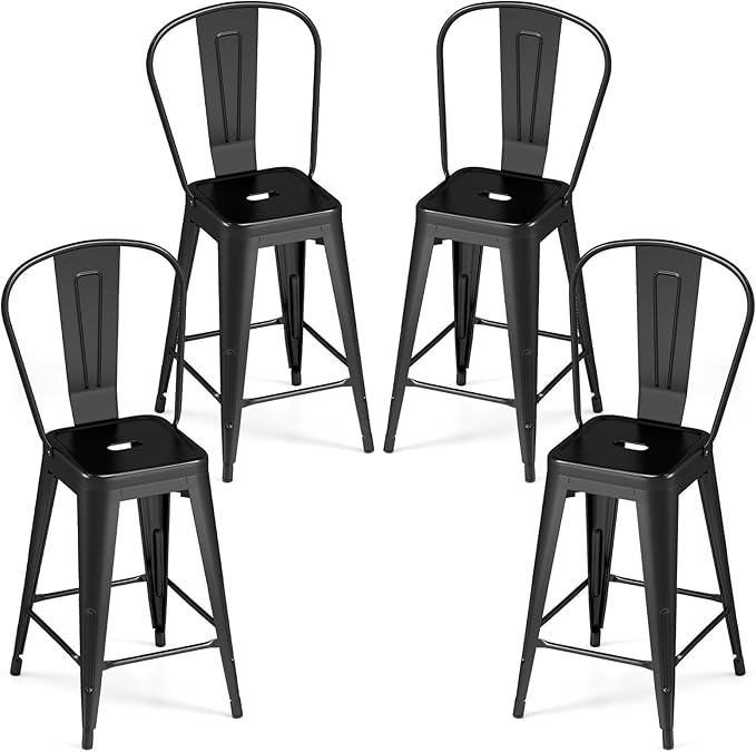 COSTWAY 24'' Metal Bar stools Set of 4, with Removable Back, Counter Height Stools with Rubber Feet, Stylish and Modern Chairs, for Kitchen, Dining Rooms, and Side Bar (Black-Update, 24'')