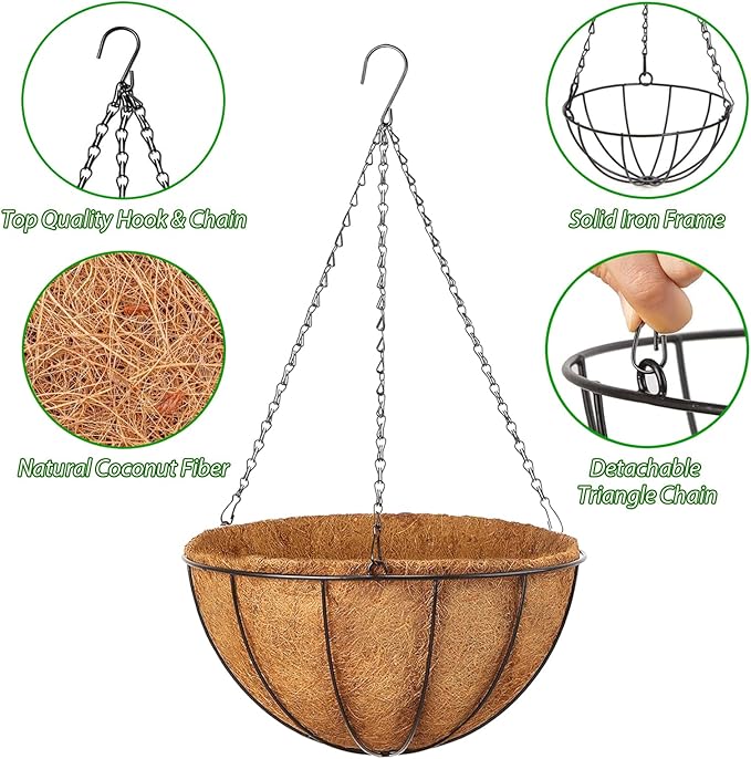 Hanging Baskets Planter for Plants - 4 Pack 10 Inch Metal Baskets with Coco Coir Liner, Hanging Flower Pots for Outside with Chain, Indoor Outdoor Garden Porch Decoration (10'' Pack of 4)