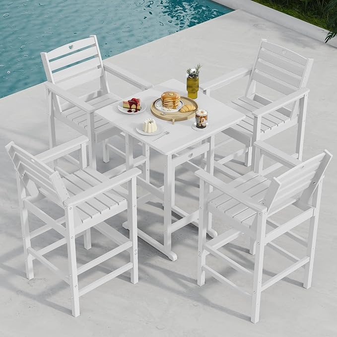 Patio Bar Table,Adirondack Chairs and Table 4 Pieces Set, Bar Height Chairs Set of 4, Outdoor Bar Stools Set,Weather-Resistant Outdoor Furniture for Deck, Balcony, Poolside Easy Assembly