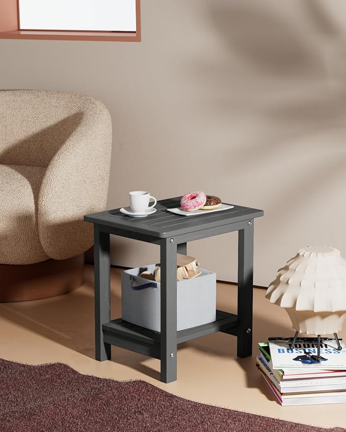 YEFU Outdoor Side Table for Patio: 16" HIPS Weather - Resistant Adirondack Tables Set of 2 - Small Square End Table for Backyard Living Room Bedroom - Indoor Outdoor Double Layer Table Dark Grey