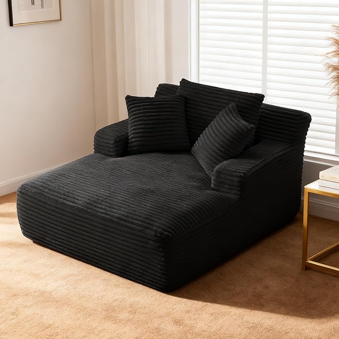 66" Chaise Lounge Chair Indoor, Oversized Boneless Couch Comfy Upholstered Sleeper Sofa Bed with 3 Pillows, Corduroy Cloud Reading Chair for Living Room No Assembly Required, Black