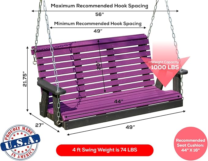 Poly Lumber Wood 4FT Porch Swing Amish Craftsmandship Made in USA HDPE with No wood fibers and 1000 lbs Limit. Stainless Steel Hardware.Signature Rollback design for Patio Outdoor Backyard Garden Park