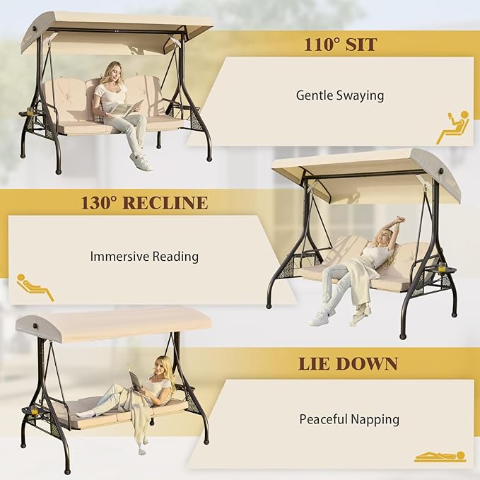 3-in-1 Convertible Outdoor Swing for Adults, Outdoor Porch Swing with Stand 800lb Bearing Capacity, 3-Seat Outdoor Swing with Canopy Adjustable, Thickened Cushions (Square, Khaki)