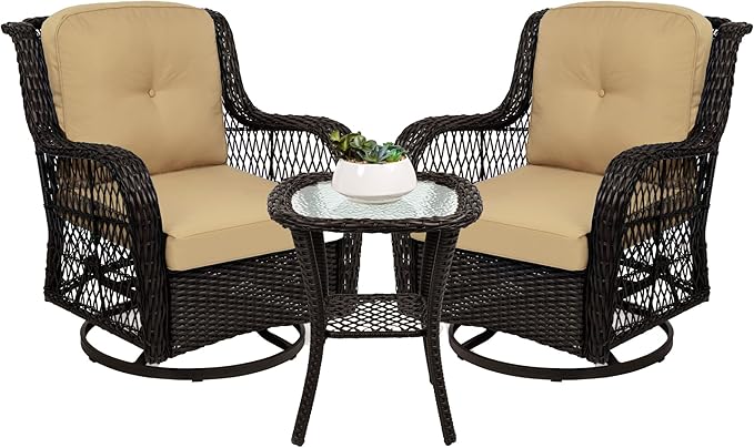 Best Choice Products 3-Piece Outdoor Wicker Patio Bistro Set w/ 2 360-Degree Swivel Rocking Chairs and Tempered Glass Top Side Table - Beige