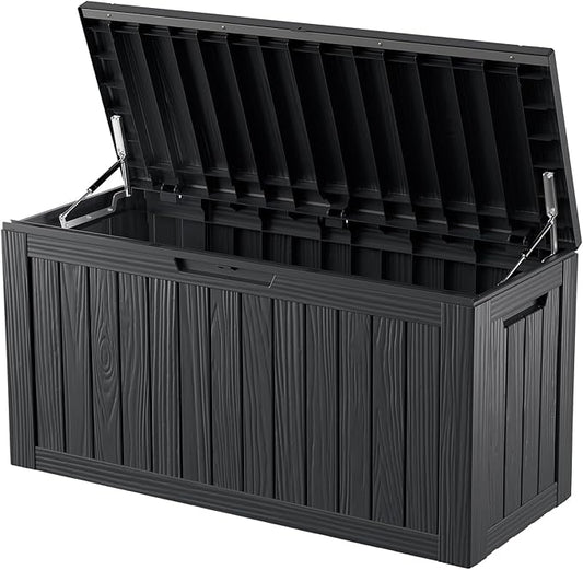 ROJIK Outdoor Storage Housing Deck Box - Waterproof Patio Furniture, Garden Tools, Cushions, Pool Accessories Storage Bench with Lockable Lid and Side Handles (Black 80 Gal)