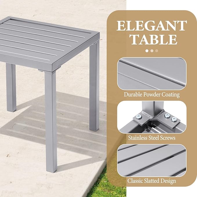Crestlive Products Outdoor Side Table Set of 2, Small Square Metal End Table Weather Resistant Pool Side Tables for Patio Balcony（Light Gray