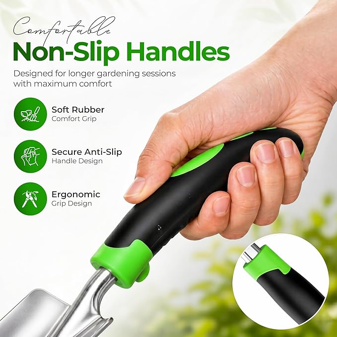 Gardening Tools Set with Bag 8 PCS – Heavy Duty Stainless Steel Garden Hand Tools Kit, Ergonomic Non-Slip Handles, Rust-Proof, Includes 15 Plant Tags – Gardening Gift for Women & Men