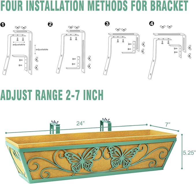2 Pack 24 Inch Window Boxes Planter Railing Planters Box with Adjustable Brackets for Porch Deck Balcony Hanging Butterfly Decorative Flower Baskets & Non-Woven Fabric Liner for Outdoor Plants - Green