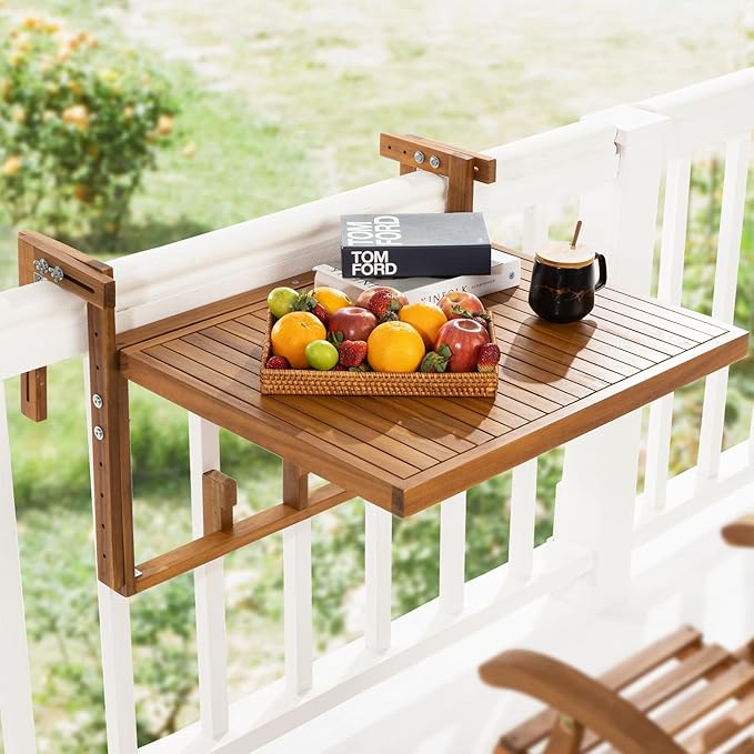 Idzo FSC Acacia Wood Folding Balcony Bar Table for Railings, Adjustable Height & Width, Teak Brush Finish Durable Against Weather, Ideal Spacious Dimension of 27 9/16 x 21 5/8 Inch, Rectangular Design
