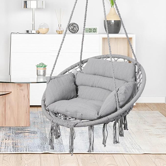 Goutime Hammock Chair, Macrame Hanging Swing Chairs with Cushion and Hardware Kit,Adult Boho Swings for Outside,Patio,Balcony,Bedroom (Light Grey)