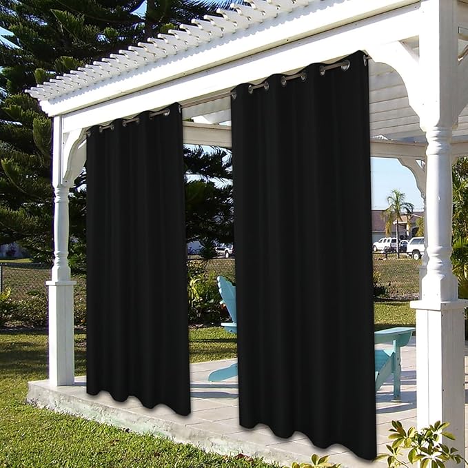 BONZER Waterproof Indoor/Outdoor Curtains for Patio Thick Privacy Grommet Curtains for Bedroom, Living Room, Porch, Pergola, Cabana, 1 Panel, 54W x 120L inch, Black