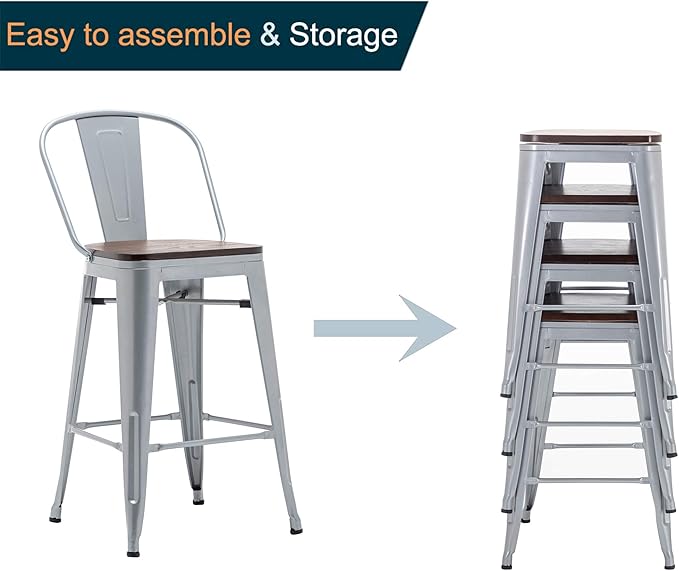 Alunaune 24" Swivel Metal Barstools Set of 4 High Back Counter Height Bar Stools Kitchen Dining Bar Chairs Industrial with Large Wooden Seat-Silver