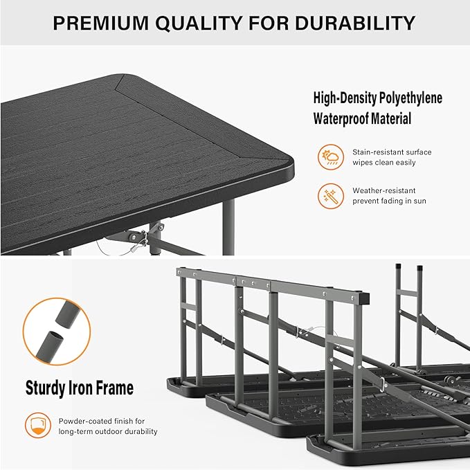VINGLI Folding Picnic Table and Bench Set, Portable Outdoor Dining Furniture for Camping, Patio, Backyard, Wood Grain Plastic Top with Metal Frame (Black)