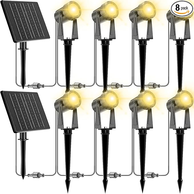 ZYAN Solar Landscape Spotlights, Separate Monocrystalline Panels & USB-C Powered 10800mAh Auto On Off Dusk to Dawn, Outdoor IP65 Waterproof, Warm White for Yard Path Patio (100 Lumens × 8 Pack)