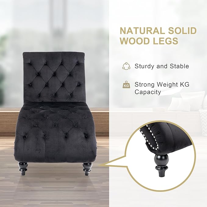 Chaise Lounge Indoor,Velvet Upholstered Lounge Chair Button-Tufted Armless Chair with Pillow, for Bedroom Living Room Office Modern Backrest Leisure Recliner Sleep Sofa,Black