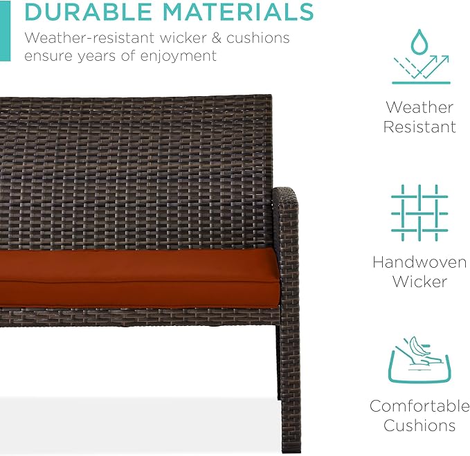 Best Choice Products 4-Piece Outdoor Wicker Patio Conversation Furniture Set for Backyard w/Coffee Table, Seat Cushions - Brown/Dark Rust