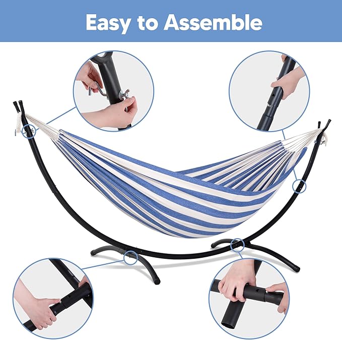 SUNCREAT Backyard Hammock with Frame, Hammock Frames for Outside, 475 lbs Capacity, Blue & White Stripes