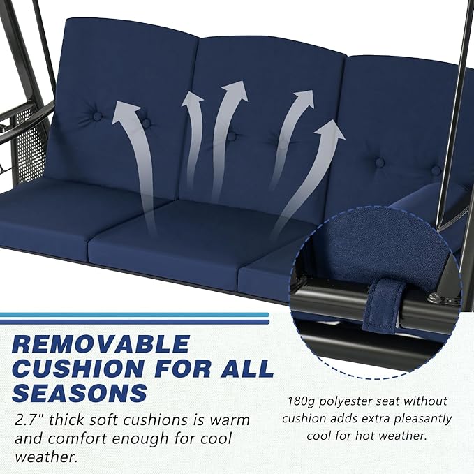 AECOJOY Outdoor Porch Swing with Cover, 3-Seat Patio Swings with Adjustable Canopy, Outside Swing for Adult with Dark Blue Removable Cushions for Backyard, Garden, Yard, Poolside, Balcony