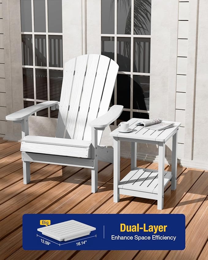 YEFU Outdoor Side Table for Patio: 16" HIPS Weather - Resistant Adirondack Tables - Waterproof Small Square End Tables for Backyard Pool Porch Balcony - Indoor Outdoor Double Layer Table White