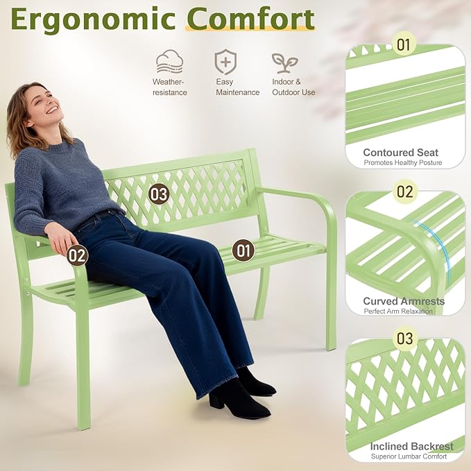 Outvita Outdoor Bench, 47" Iron Steel Frame Garden Bench with Mesh Pattern and Plastic Backrest Armrests, Patio Bench for Garden Park Yard Front Porch Patio, Green