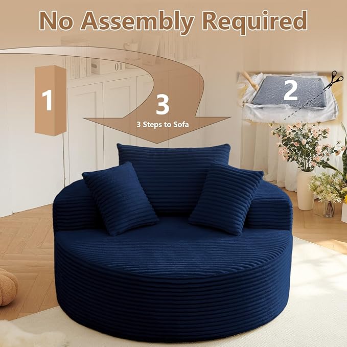 Oversized Round Chair Lounge Chaise Indoor, Upholstered Corduroy Deep Seat Cloud Large Circle Sofa Chair, No Assembly Required, Fluffy Modern Sleeper Sofa Bed for Reading, Living Room, Dark Blue