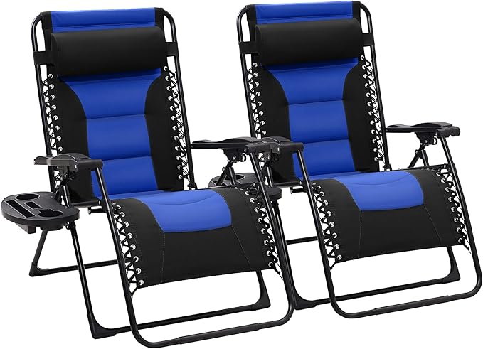 JEAREY Oversized Padded Zero Gravity Chairs Set of 2, Folding Lounge Chair Outdoor Patio Recliner, Anti Gravity Chair for Backyard with Headrest, Cup Holder, Side Tray, Polyester Mesh - Black/Blue