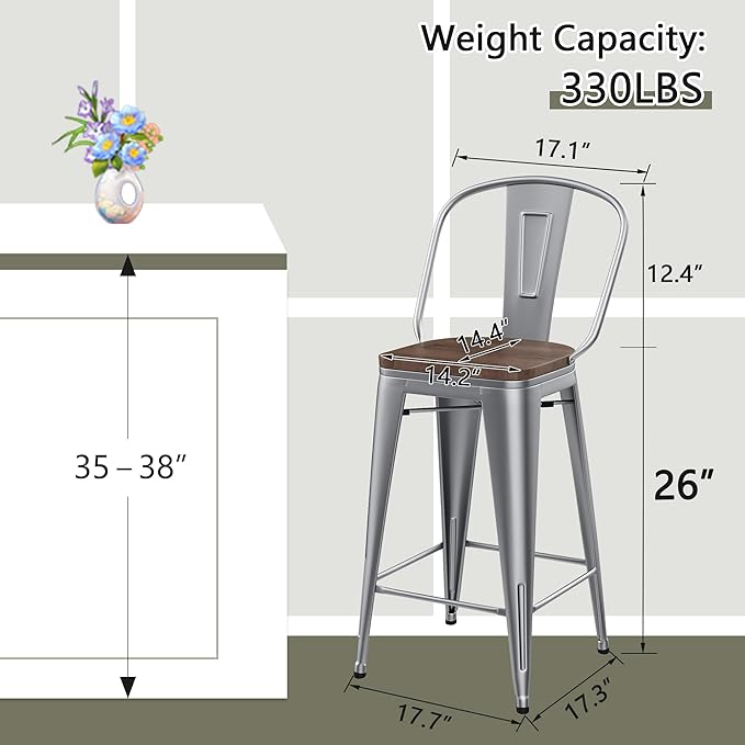 Yongqiang 26 inch Bar Stools Set of 4 Kitchen Counter Height Bar Chairs Modern Farmhouse Metal Barstools with Large Wooden Seat, High Back Silver