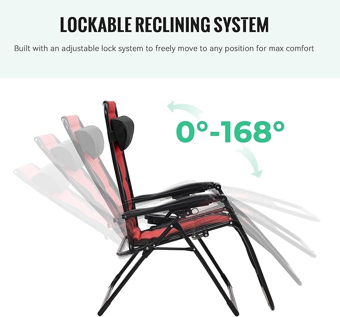 JEAREY Oversized Padded Zero Gravity Chairs, Folding Lounge Chair Outdoor Patio Recliner, Anti Gravity Chair for Backyard with Headrest, Cup Holder, Side Tray, Polyester Mesh - Black/Red