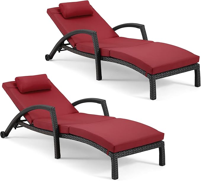 HOMREST Chaise Lounge Chairs Set of 2, PE Rattan Wicker Patio Lounge Chair with Adjustable 5 Position, Arm and Wheels for Poolside Backyard Deck Porch,Wine red