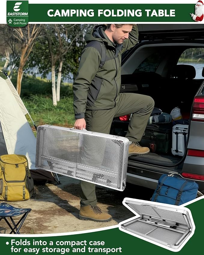 Square Folding Card Table with Adjustable Height (12" & 26"), Silver Portable Metal Mesh Table for Camping, BBQ, Picnic, Game, Patio & Indoor Use, Fits 2–4 People, Lightweight 7.6 lb, Supports 66 lb