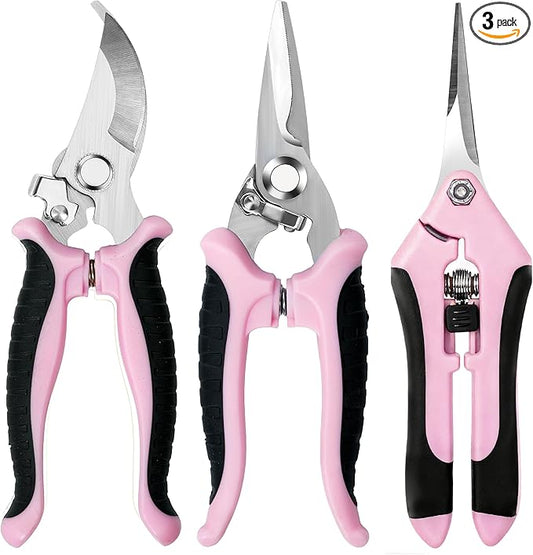 EWPJDK 3 Pack Garden Pruning Shears, Stainless Steel Shears, Gardening Shears, Scissors, Garden Clippers, Pruning Snips, Pruning Shears for Gardening Tools (Pink)
