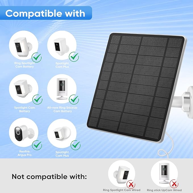 Solar Panel for Ring Camera, 2 Pack 5W Solar Charger Compatible with Spotlight Cam/Pro/Plus & Stick Up Cam Battery, Waterproof, 13ft Long Cable with USB-C to Ring Adapter