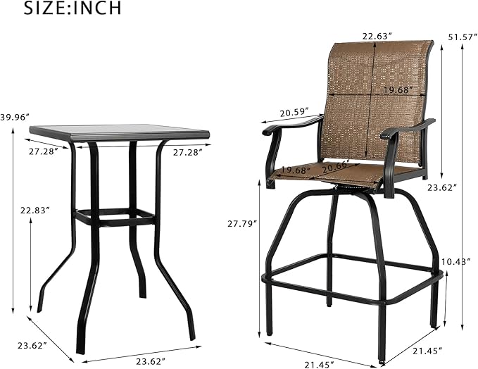 LEVELEVE Patio Bar Set 5pcs Swivel Bar Stools Outdoor Bistro Textilene Furniture Stability All-Weather Set with Height Table (5, Dark Brown Fabric)
