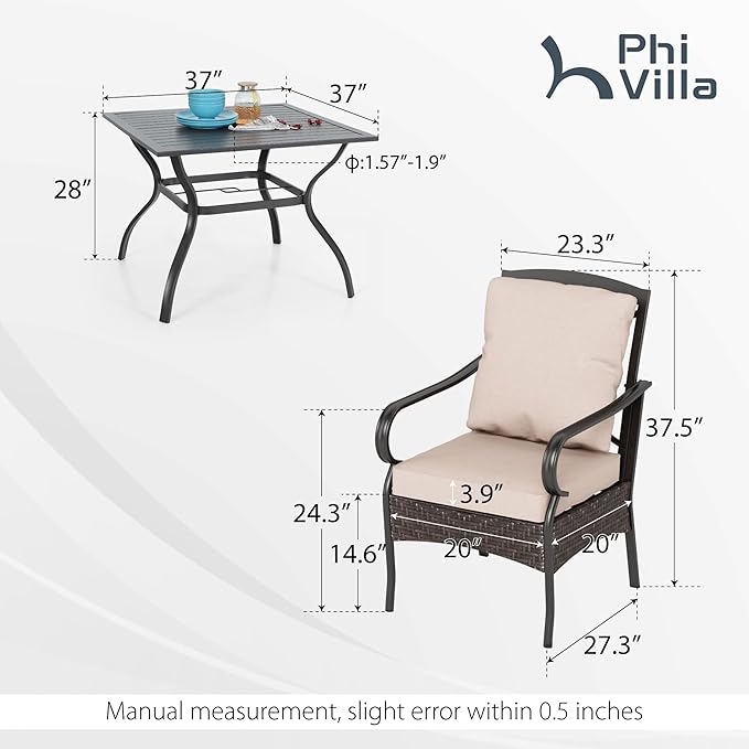 PHI VILLA 5-Piece Outdoor Dining Sets, All-Weather Patio Table and Chairs Set for 4, Heavy Duty Patio Table Set Square for Deck, 4 Extra Large Outdoor Metal Wicker Dining Chairs with Thick Cushions